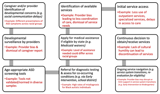 Image of a figure titled "Pathway to access and utilize autism services, including examples of anti-Black racism." There are multiple boxes that are connected to each other with a line meant to signify the steps in the pathway). Each box also has examples of anti-Black racism. First box: Caregiver and/or provider identification of developmental concerns (e.g. social communication delays); Example: Different presentations of ASD across racial groups. Second box: Developmental surveillance by providers; Example: provider bias and dismissal of caregiver report. Third box: Age-appropriate ASD screening tools; Example: tools not validated/normed in diverse samples. Fourth box: Referral for diagnostic testing & assess for co-occurring conditions (e.g. via Early Intervention, school district); Example: High rates of misdiagnosis for Black autistic individuals. Fifth box: Apply for medical assistance if eligible by state (e.g. Medicaid waivers); Example: Level of assistance needed could differ across racial groups. Sixth box: Identification of available services; Example: Provider bias leading to less coordination of care, dismissal of service needs. Seventh box: Initial service access; Example: Less use of outpatient services, specialized services, delays in access to care. Eighth box: Continuous decision to obtain/receive services; Example: Lack of cultural humility can lead to discontinuation of services. Ninth box: Ongoing service navigation (e.g. service system transitions, re-evaluation for eligibility); Example: provider bias may disrupt or limit support in service system transitions (e.g. Early Intervention to Kindergarten).